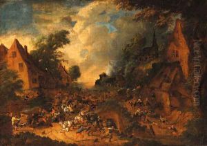 A cavalry skirmish in a village