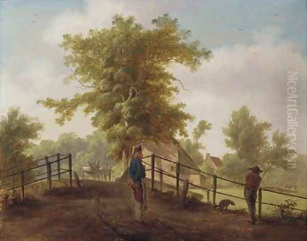 A landscape with two men and a dog on a bridge - view 1
