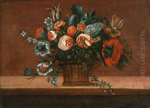 Parrot tulips, roses and carnations in a basket on a stone ledge by Pieter Gaspar Verburggen II