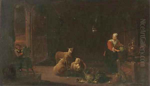 A barn interior with sheep and a woman preparing vegetables - view 1