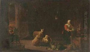 A barn interior with sheep and a woman preparing vegetables by David Ryckaert II