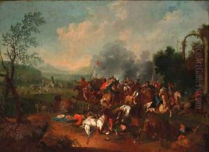 A cavalry skirmish near a castle A cavalry skirmish near a castle