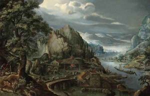 A mountainous river valley, with an iron foundry, a town in the distance