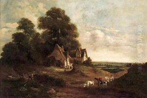 A cattle drover herding his cattle by a cottage, an extensive landscape beyond by John Moore Of Ipswich