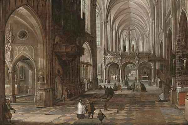 The interior of a gothic cathedral with figures - view 1