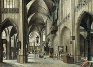 The interior of a Gothic church with a friar preaching from a pulpit by Hendrick Van Steenwijck II
