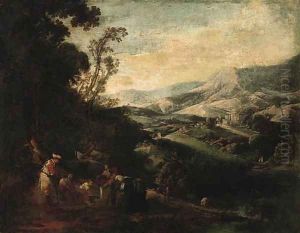 A mountainous Landscape with Peasants drawing Water from a Well by Ignacio de Iriarte