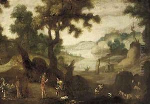 A landscape with monks, travellers, a fruit seller and a shepherd and his flock by Ignacio de Iriarte