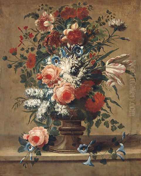 Flowers in a vase on a stone ledge - view 1