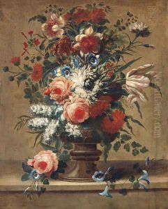 Flowers in a vase on a stone ledge by Jan Baptiste Bosschaert II