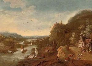 A Rhenish landscape with sailing barges, a castle on a hill beyond