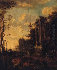 A coastal inlet with a horseman by a classical ruin A coastal inlet with a horseman by a classical ruin