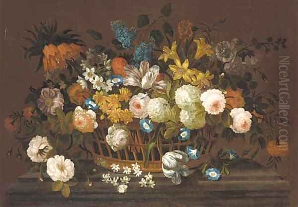 Lillies, tulips, roses, hydrangea, lilac, chrysanthemums, and other flowers in a basket, on a marble plinth - view 1