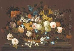 Lillies, tulips, roses, hydrangea, lilac, chrysanthemums, and other flowers in a basket, on a marble plinth by Pieter Casteels III