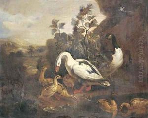 Ducks and a goose in a landscape by Pieter Casteels III