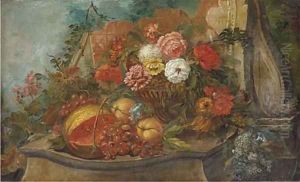 A melon, grapes on the vine, peaches and mixed flowers by Pieter Casteels III
