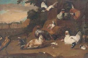 Birds in a wooded clearing, a country house beyond by Pieter Casteels III