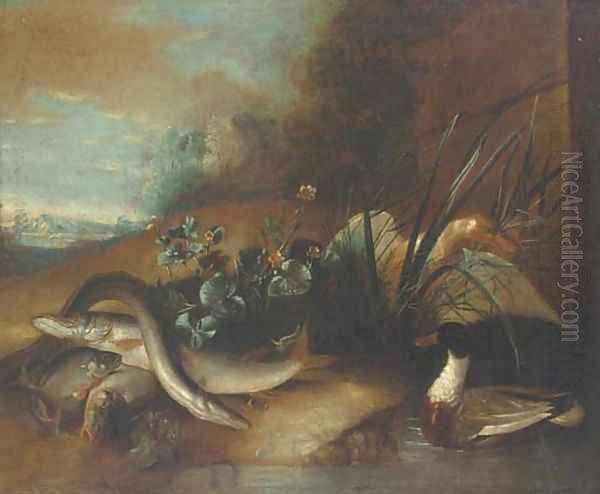 Dead fish by a pond with ducks in a wooded clearing - view 1