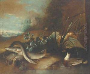 Dead fish by a pond with ducks in a wooded clearing
