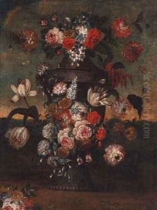 Flowers in an urn in a landscape by Pieter Casteels III