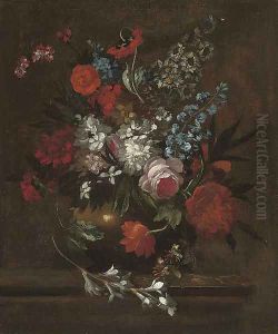 Roses, chrysanthemums, morning glory, lilies, carnations and other flowers in a vase on a stone ledge by Pieter Casteels III