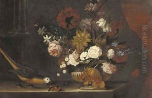 Roses, tulips, lilies and other flowers in a stone urn with a parrot on a ledge by Pieter Casteels III