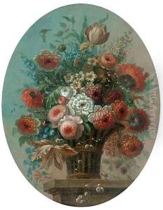 Roses, tulips, morning glory, narcissi and other flowers in a basket on a ledge by Pieter Casteels III