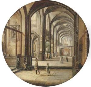 The interior of a cathedral with gentlemen and beggars by Hendrick Van Steenwijck II