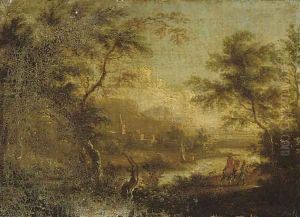 A wooded river landscape with travellers on a track, a village beyond