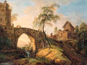 Travellers on a stone bridge waving by Christian Georg Schuttz II