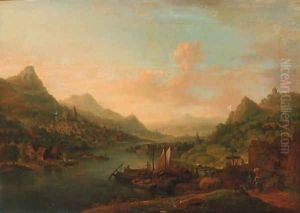 An extensive Rhenish landscape, with boats moored by a jetty