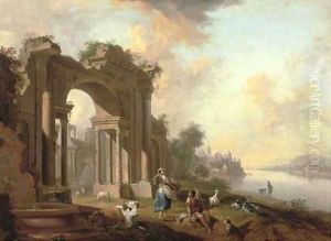 An architectural 'capriccio' with a shepherd and a washerwoman by a river, a town beyond by Christian Georg Schuttz II