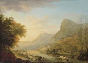 A mountainous river landscape with a town beyond by Christian Georg Schuttz II