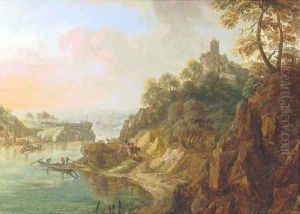 A Rhenish landscape with herdsmen on a track near a castle by Christian Georg Schuttz II