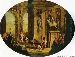 A Capriccio of a Classical Palace with Alexander at the Tomb of Achilles by Antonio Joli