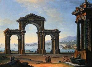 Harbour Scene with Triumphal Arch by Antonio Joli