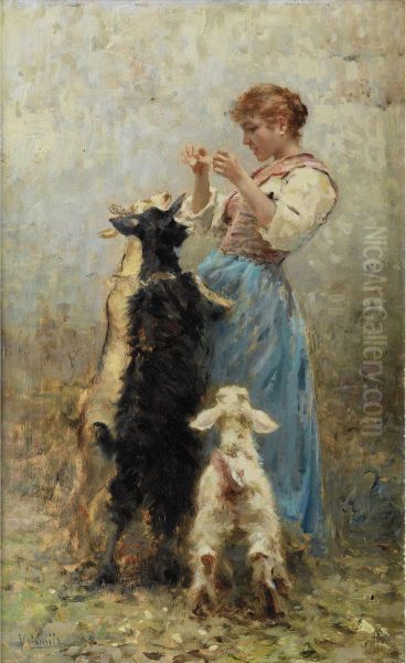 Jeune Fille Nourrissant Des Chevres - view 1