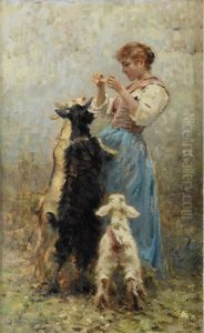 Jeune Fille Nourrissant Des Chevres