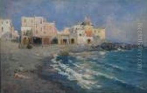 "marina A Positano" Olio Su Tela Firma Apocrifa In Basso A Sinistra by Vincenzo Caprile