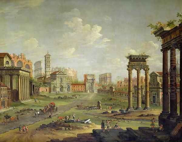The Campo Vaccino Rome Looking Towards St Francesca Romana and the Arch of Titus from the Temple of Saturn by Antonio Joli