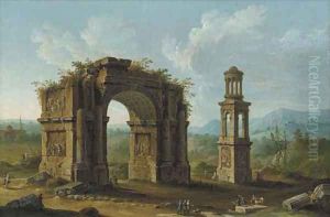 San Remy, Southern France, with ruins of a monumental arch and an early first-century tomb of the Julii at Glanum by Antonio Joli