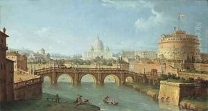 The Tiber, Rome, looking downstream with the Castel and Ponte Sant'Angelo, Saint Peter's and the Vatican, Santo Spirito in Sassia by Antonio Joli