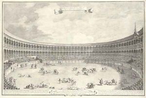 Vedute di Madrid Anfiteatro per gli Spettacoli delle Feste de Tori eretto l'anno 1750 fuori della porta di Alcala a Madrid