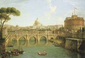 Rome, a view of the Tiber looking downstream with the Castel and Ponte Sant' Angelo, Saint Peter's Basilica and the Vatican, Santo Spirito in Sassia by Antonio Joli