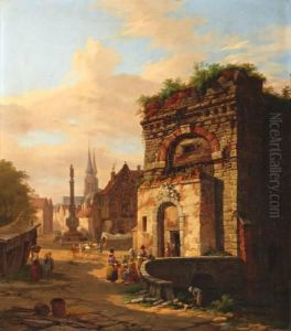 Stadsgezicht Met Figuren Bij Een Ruine by Jacques Carabain