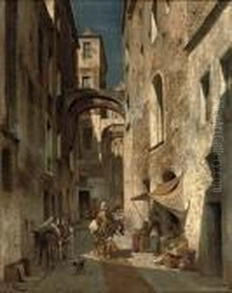 Figures In A Sunlit Street In Bordighera, Italy - view 1