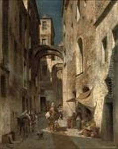 Figures In A Sunlit Street In Bordighera, Italy