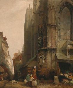 Market Scene In Front Of A Gothic Cathedral by Jacques Carabain