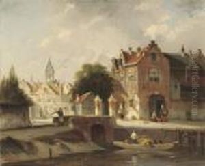 A Sunlit Town With Figures On A Quay