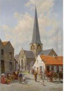 Figures On A Market Place At The Church Of Sint Kwintens Lennik,belgium by Jacques Carabain